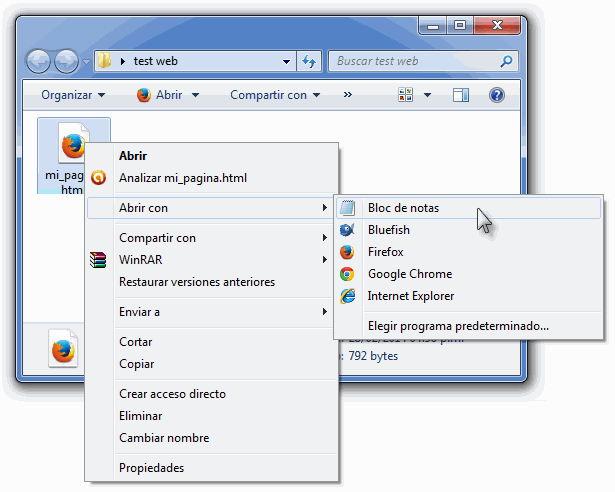 Cómo seguir editando la página con el bloc de notas. Explorador de Windows, abrir con.