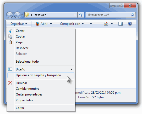 Pasos a seguir para mostar las extensiones de archivo. Opciones de carpeta.